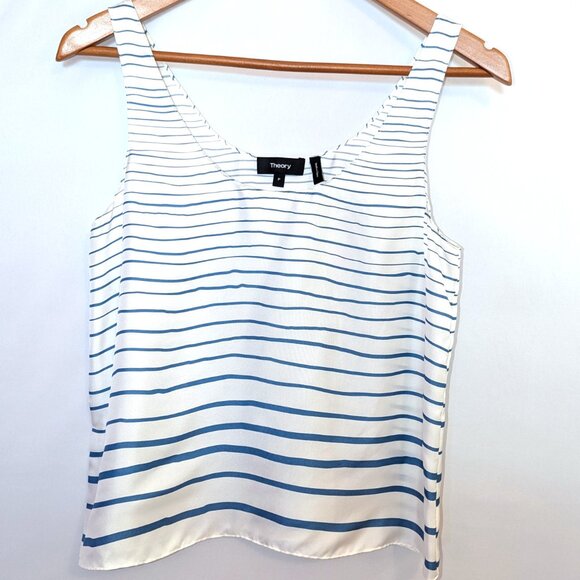 Theory | 100% Silk Striped Scoop Neck Tank Top In Blue & White | Size XS - Picture 5 of 10